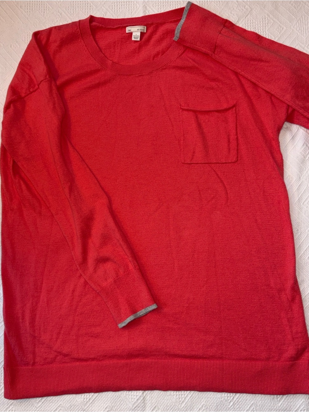GAP Women's Coral Crewneck Sweater with Chest Pocket and Gray Accents